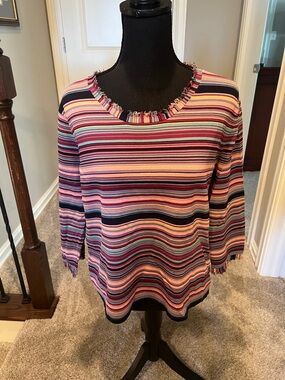 Sag Harbor Multicolor Striped Fringe-Trim Long Sleeve Top